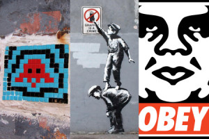 Famous street art by Invader, Banksy, and Shepard Fairey, respectively.