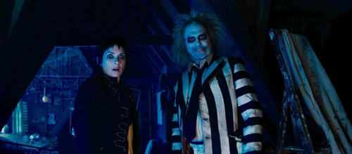 Winona Ryder and Michael Keaton in Tim Burton 2024 feature film 'Beetlejuice Beetlejuice'.